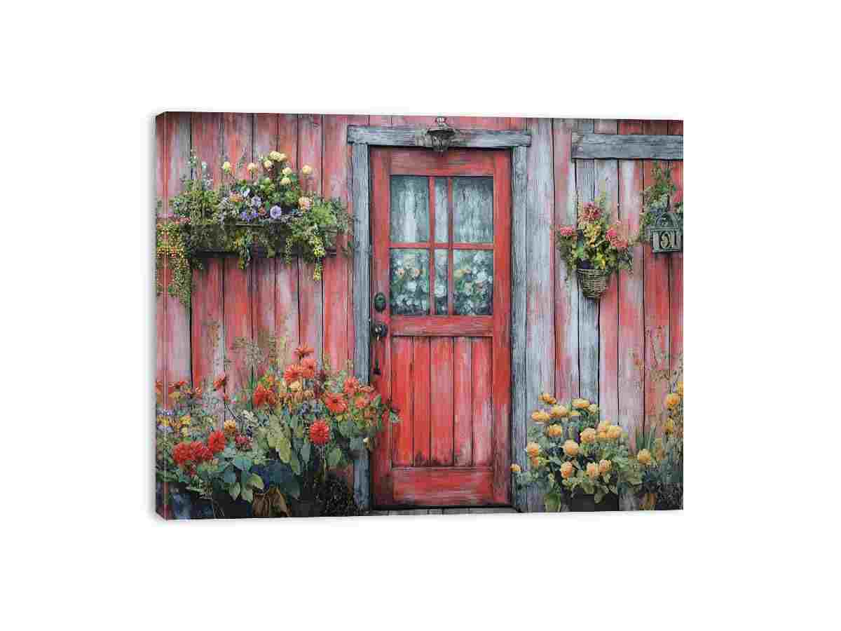 Rustic red garden door canvas art with cottage flowers for cozy farmhouse entryway decor.