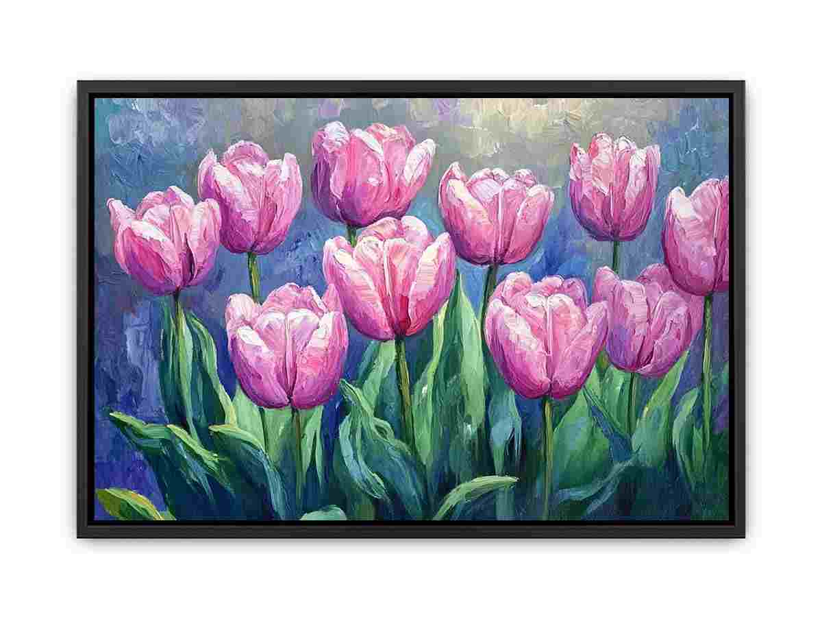 Pink tulip impasto floral canvas art for elegant living room and bedroom decor.