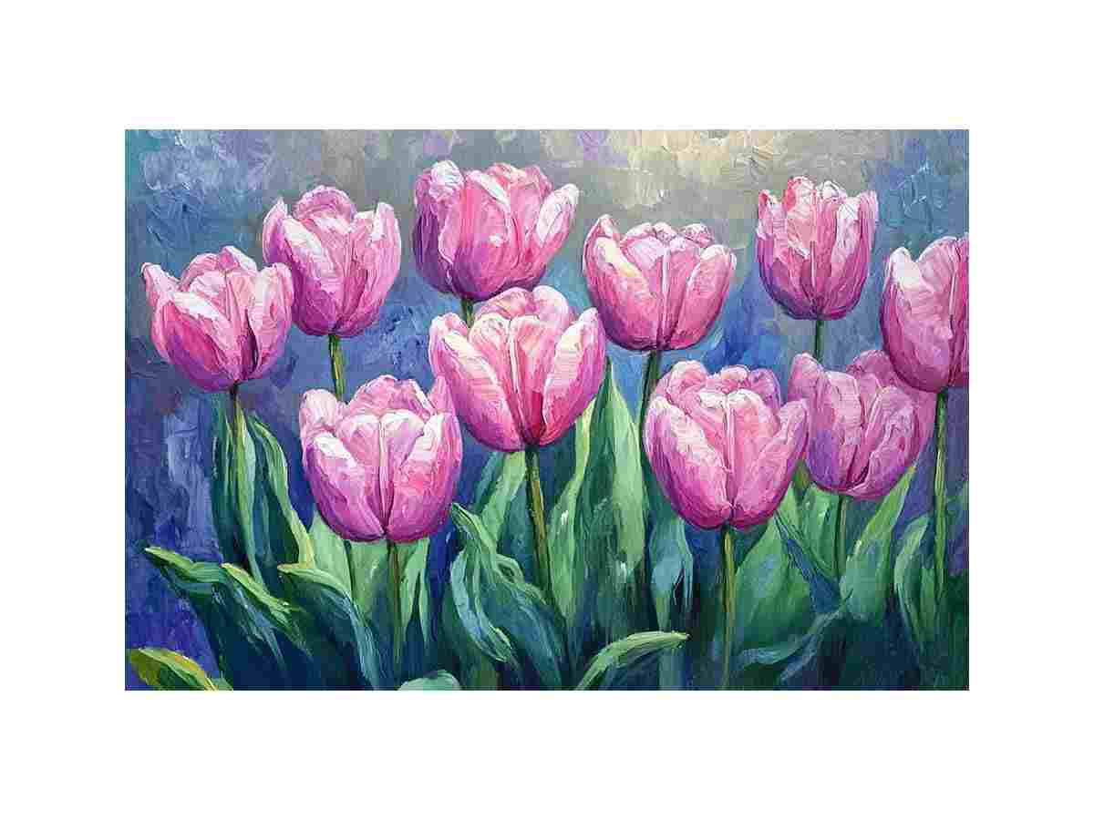 Pink tulip impasto floral canvas art for elegant living room and bedroom decor.