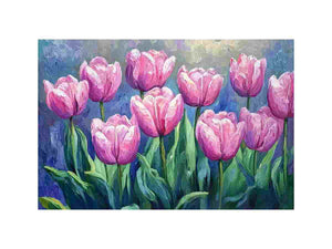 Pink tulip impasto floral canvas art for elegant living room and bedroom decor.