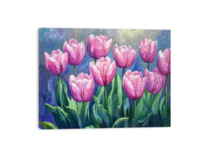 Pink tulip impasto floral canvas art for elegant living room and bedroom decor.