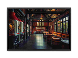 Industrial brewery interior canvas art with brewing tanks and wooden barrels for modern home bar decor.