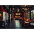 Industrial brewery interior canvas art with brewing tanks and wooden barrels for modern home bar decor.