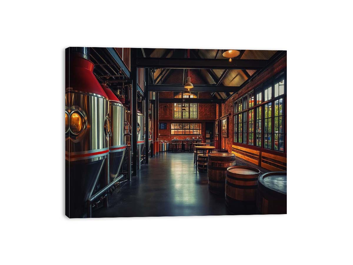 Industrial brewery interior canvas art with brewing tanks and wooden barrels for modern home bar decor.