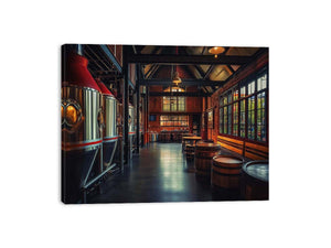 Industrial brewery interior canvas art with brewing tanks and wooden barrels for modern home bar decor.