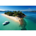 Tropical island aerial canvas art with turquoise ocean and sandy beach for coastal living room decor.