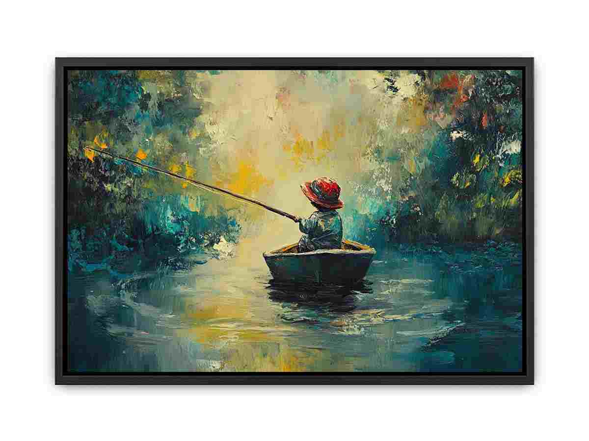 Impressionist fishing boat artwork with child angler on calm water for living room and office decor.