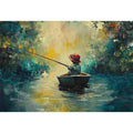 Impressionist fishing boat artwork with child angler on calm water for living room and office decor.
