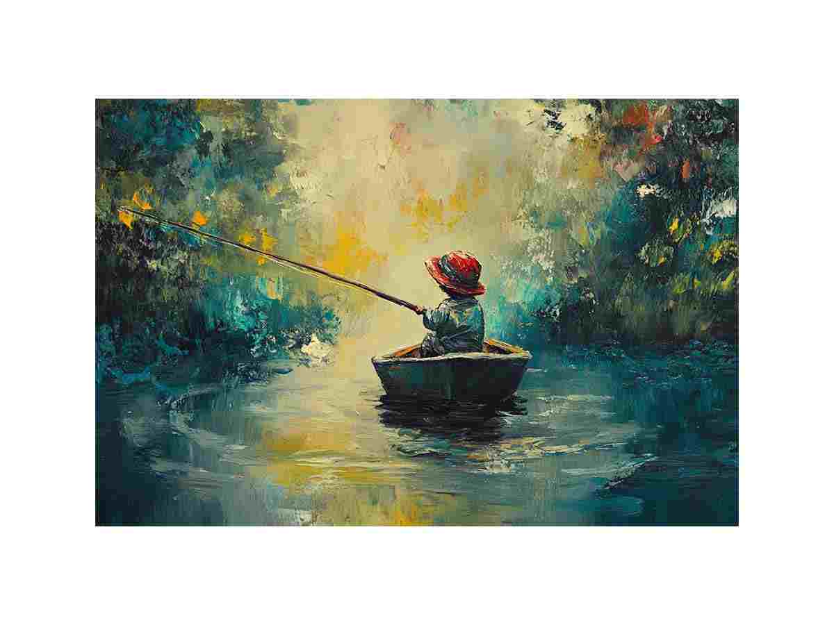 Impressionist fishing boat artwork with child angler on calm water for living room and office decor.