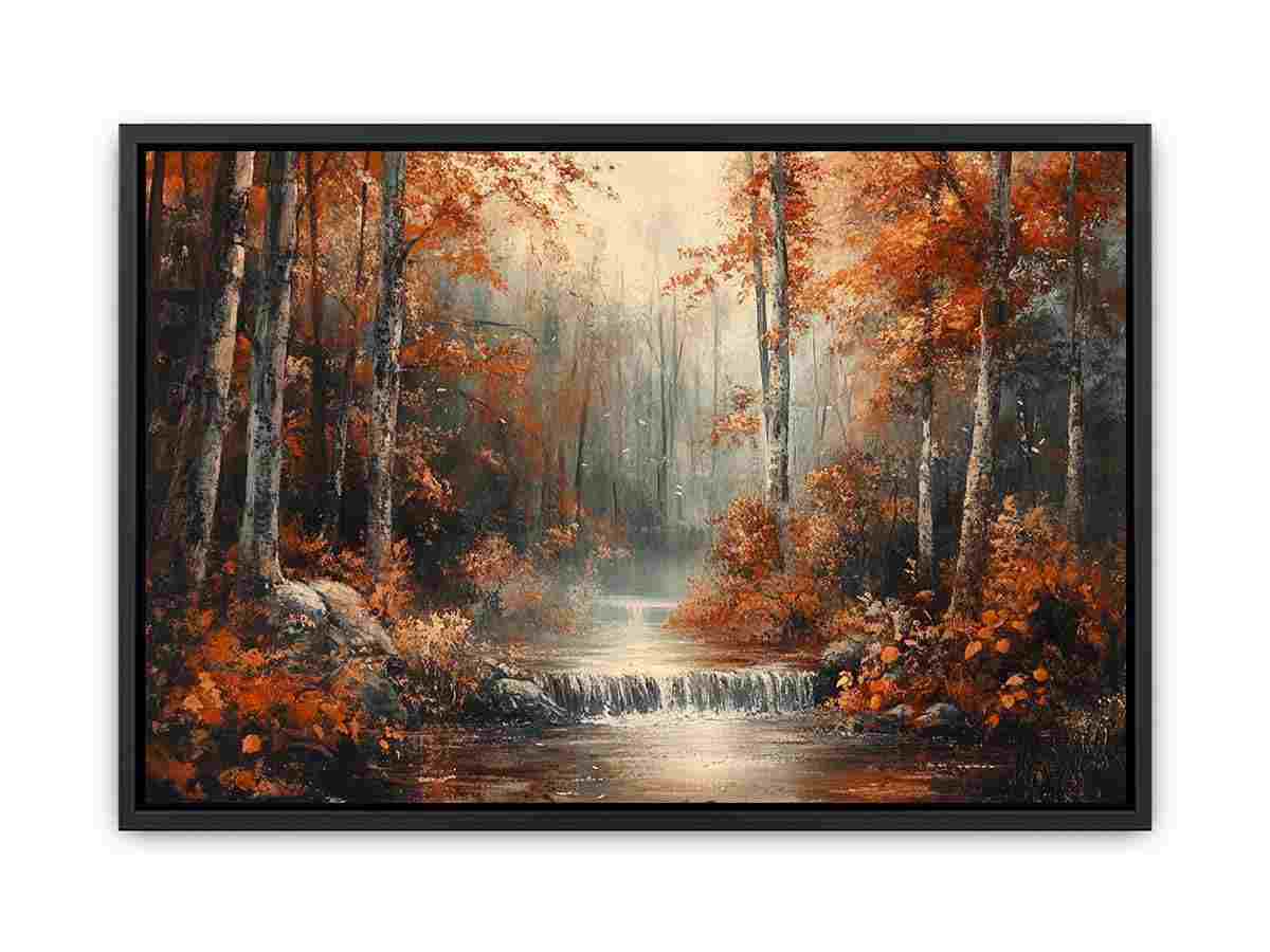 Autumn forest stream canvas art with waterfall and colorful foliage for living room and office decor.