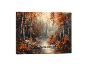 Autumn forest stream canvas art with waterfall and colorful foliage for living room and office decor.