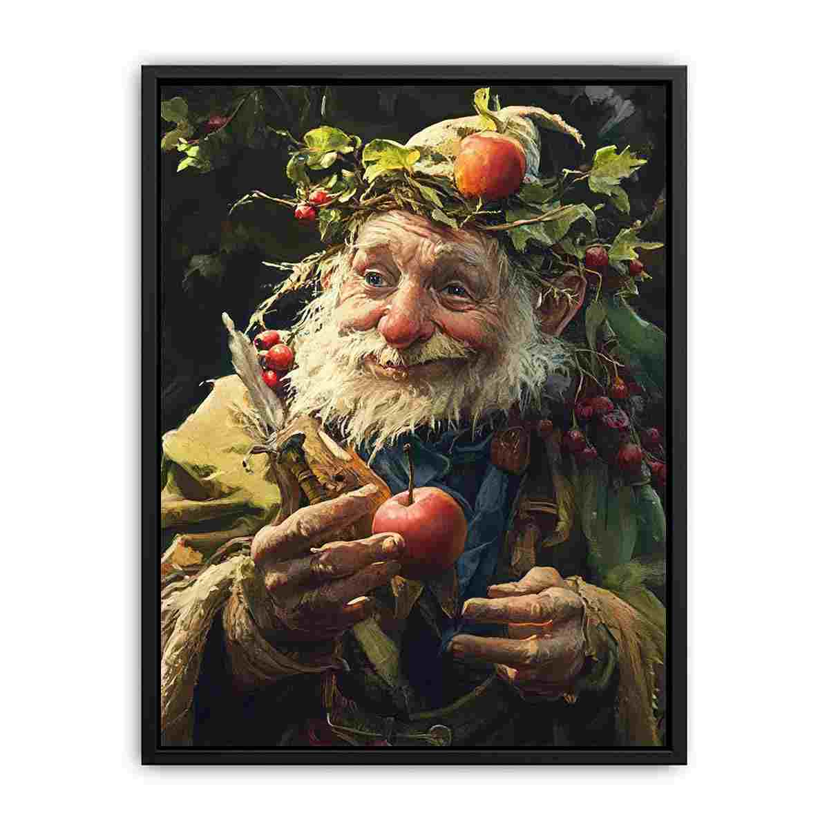 Whimsical woodland elder holding an apple in impressionist style canvas art for cozy living room decor.