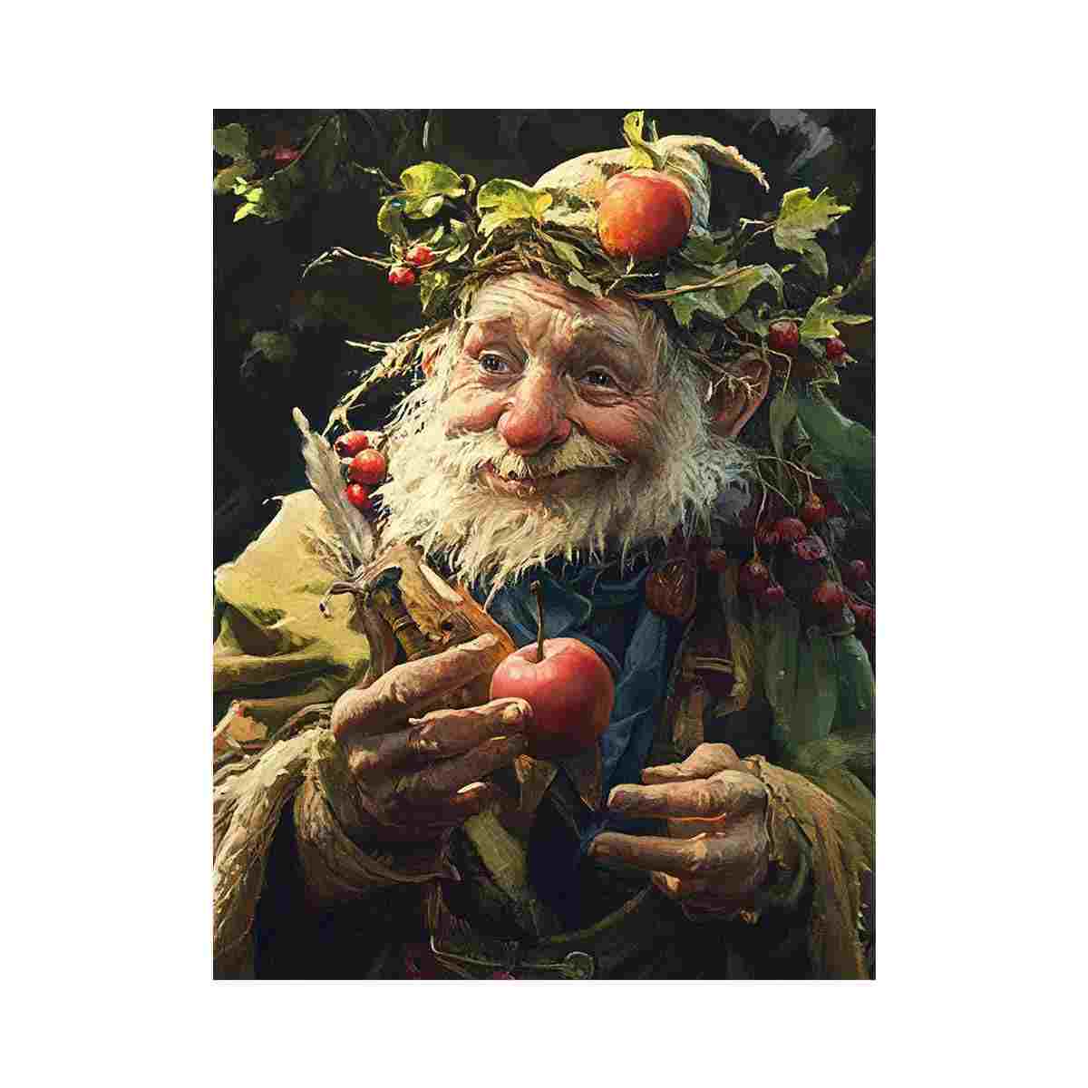 Whimsical woodland elder holding an apple in impressionist style canvas art for cozy living room decor.