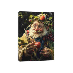 Whimsical woodland elder holding an apple in impressionist style canvas art for cozy living room decor.