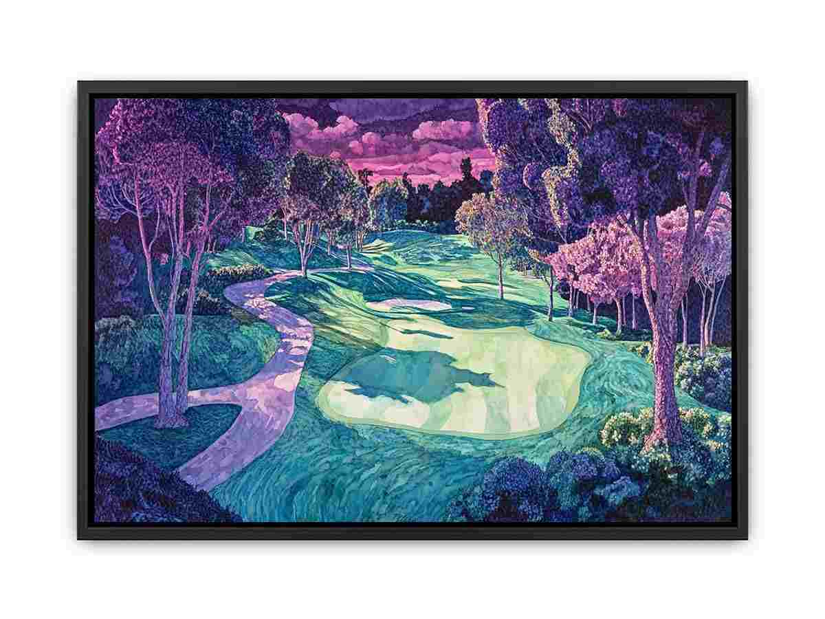 Dreamlike golf course landscape canvas art with purple trees and winding fairways for luxury living room decor.