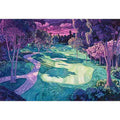 Dreamlike golf course landscape canvas art with purple trees and winding fairways for luxury living room decor.