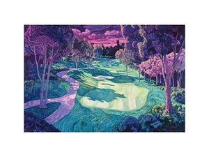 Dreamlike golf course landscape canvas art with purple trees and winding fairways for luxury living room decor.