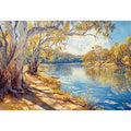 Sunlit riverside landscape canvas art with eucalyptus trees and reflective water for elegant living room decor.