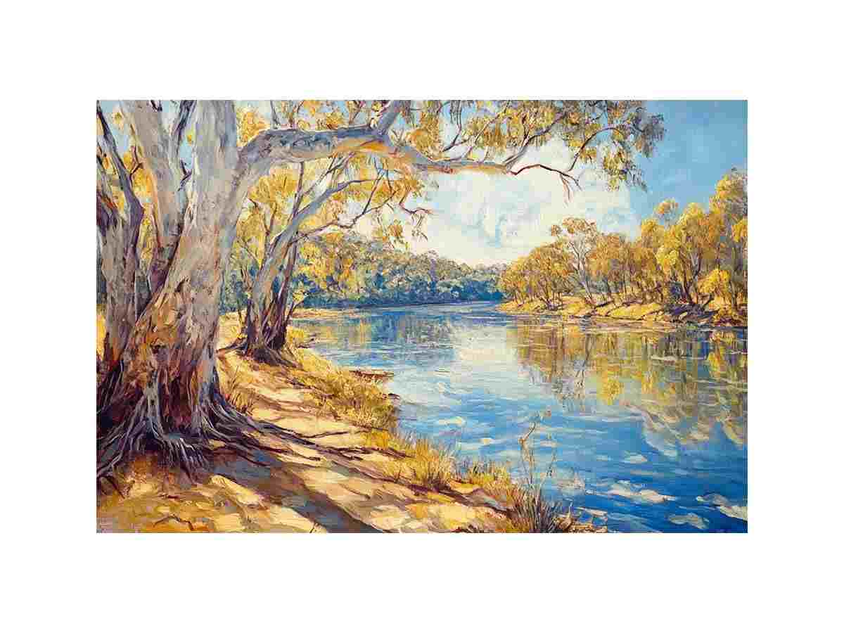 Sunlit riverside landscape canvas art with eucalyptus trees and reflective water for elegant living room decor.