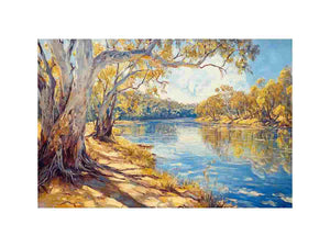 Sunlit riverside landscape canvas art with eucalyptus trees and reflective water for elegant living room decor.