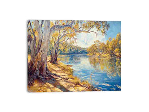 Sunlit riverside landscape canvas art with eucalyptus trees and reflective water for elegant living room decor.