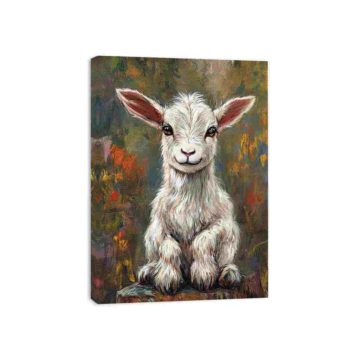 Charming white baby goat canvas art in rustic farmhouse style for nursery, living room, and country home decor.
