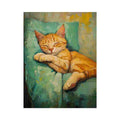 Sleeping orange tabby cat canvas art in cozy farmhouse style for living room, bedroom, and reading nook decor.