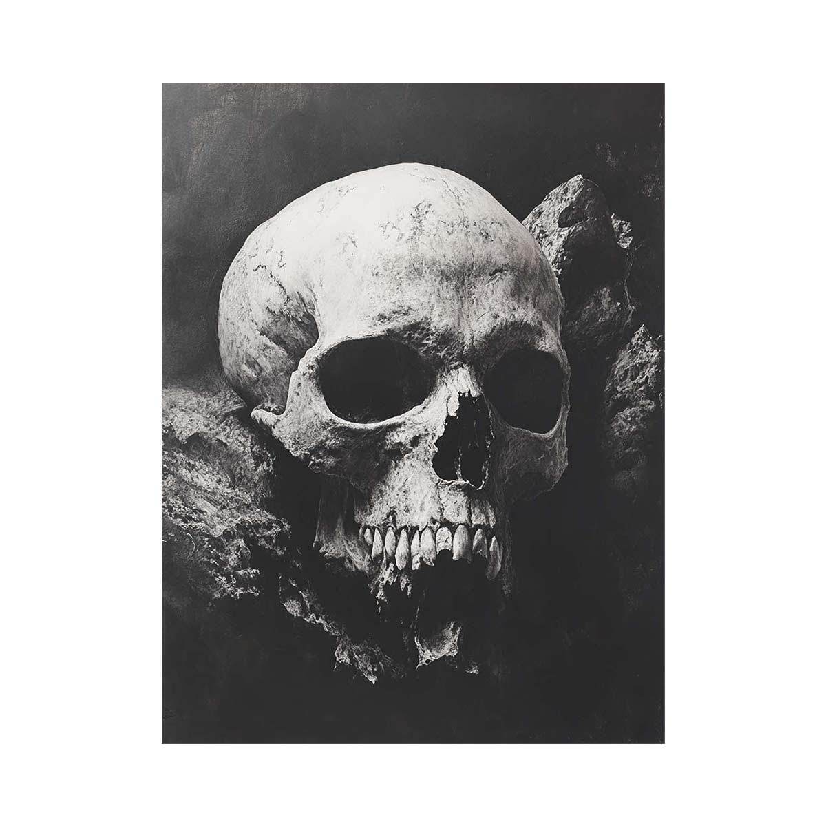 Black and white skull canvas art in dramatic gothic style for modern office, loft, and contemporary interior decor.