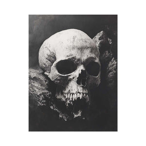 Black and white skull canvas art in dramatic gothic style for modern office, loft, and contemporary interior decor.