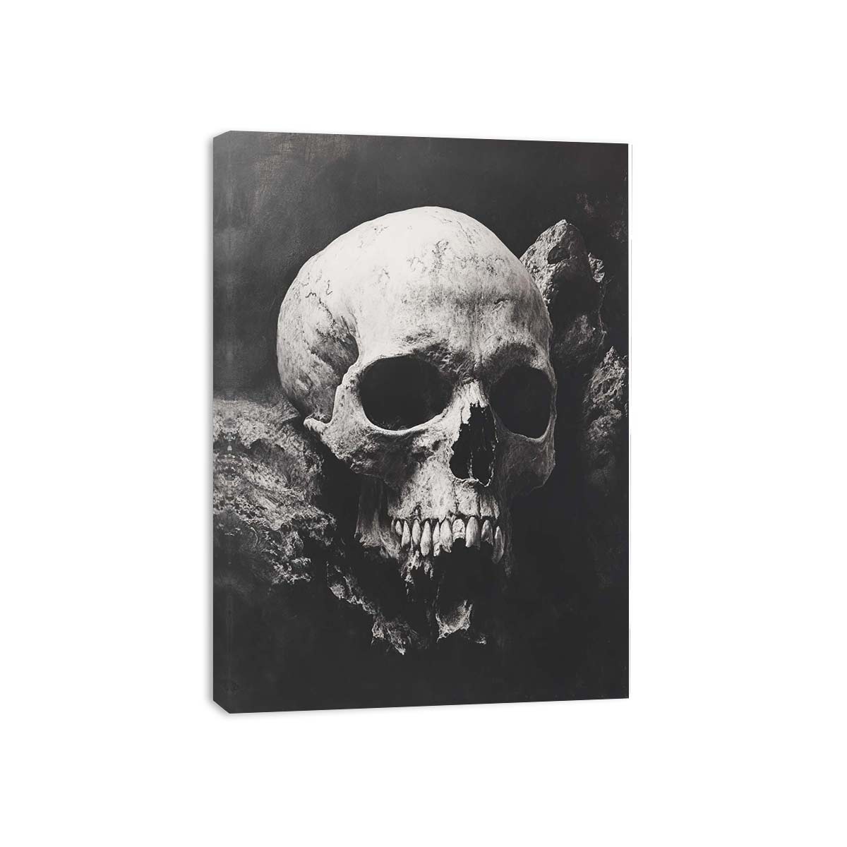Black and white skull canvas art in dramatic gothic style for modern office, loft, and contemporary interior decor.