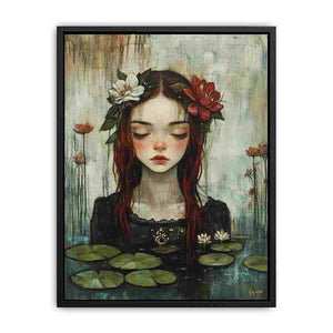 Ethereal woman portrait with lotus flowers and lily pads in serene fantasy style for elegant bedroom decor.