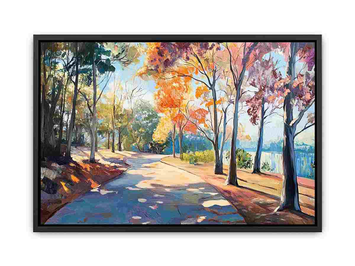 Sunlit autumn pathway canvas art with colorful trees and lakeside scenery for elegant living room decor.