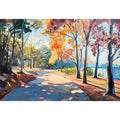 Sunlit autumn pathway canvas art with colorful trees and lakeside scenery for elegant living room decor.