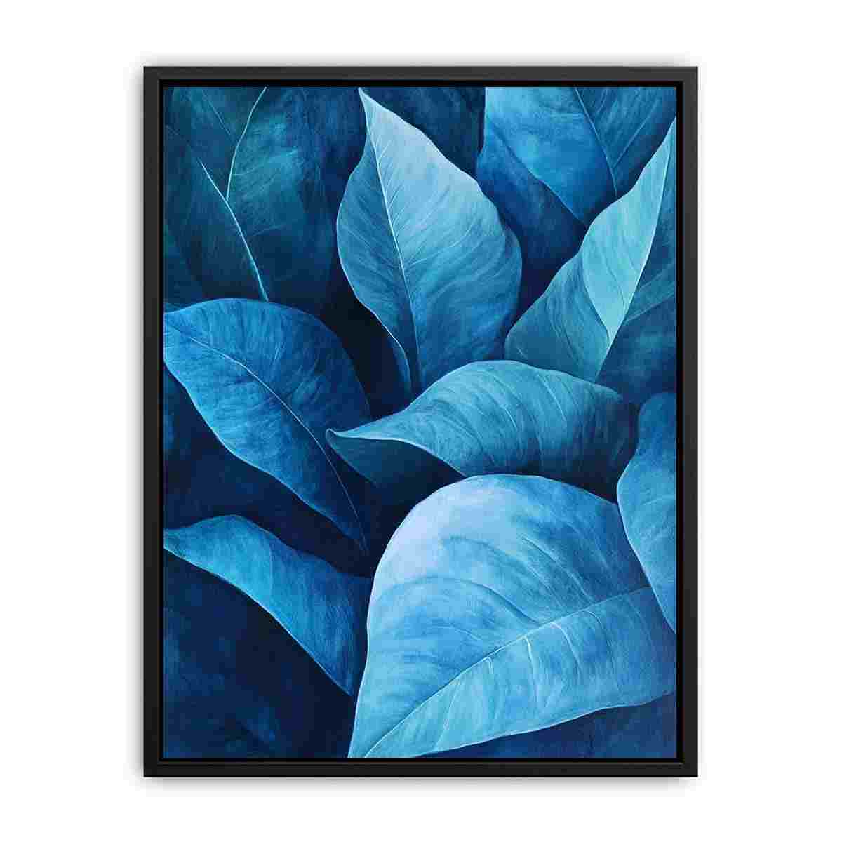 Blue tropical leaf canvas art in modern botanical style for luxury living room and bedroom decor.