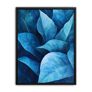 Blue tropical leaf canvas art in modern botanical style for luxury living room and bedroom decor.