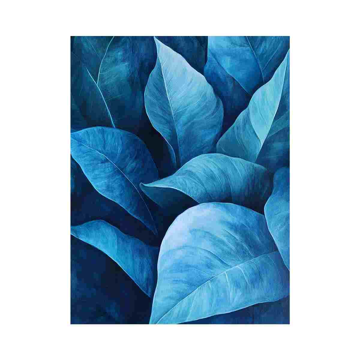 Blue tropical leaf canvas art in modern botanical style for luxury living room and bedroom decor.