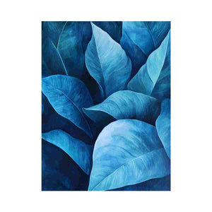 Blue tropical leaf canvas art in modern botanical style for luxury living room and bedroom decor.