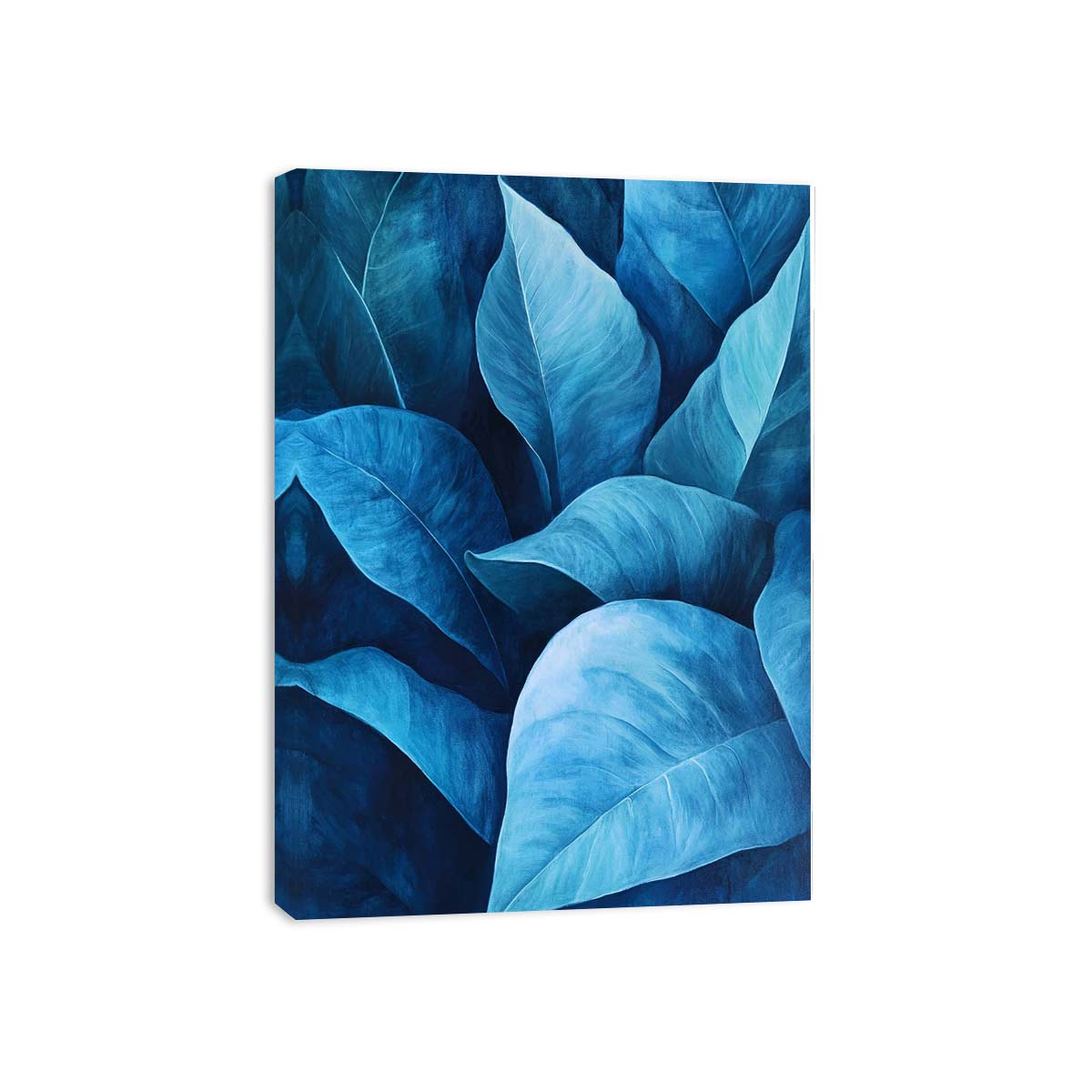 Blue tropical leaf canvas art in modern botanical style for luxury living room and bedroom decor.