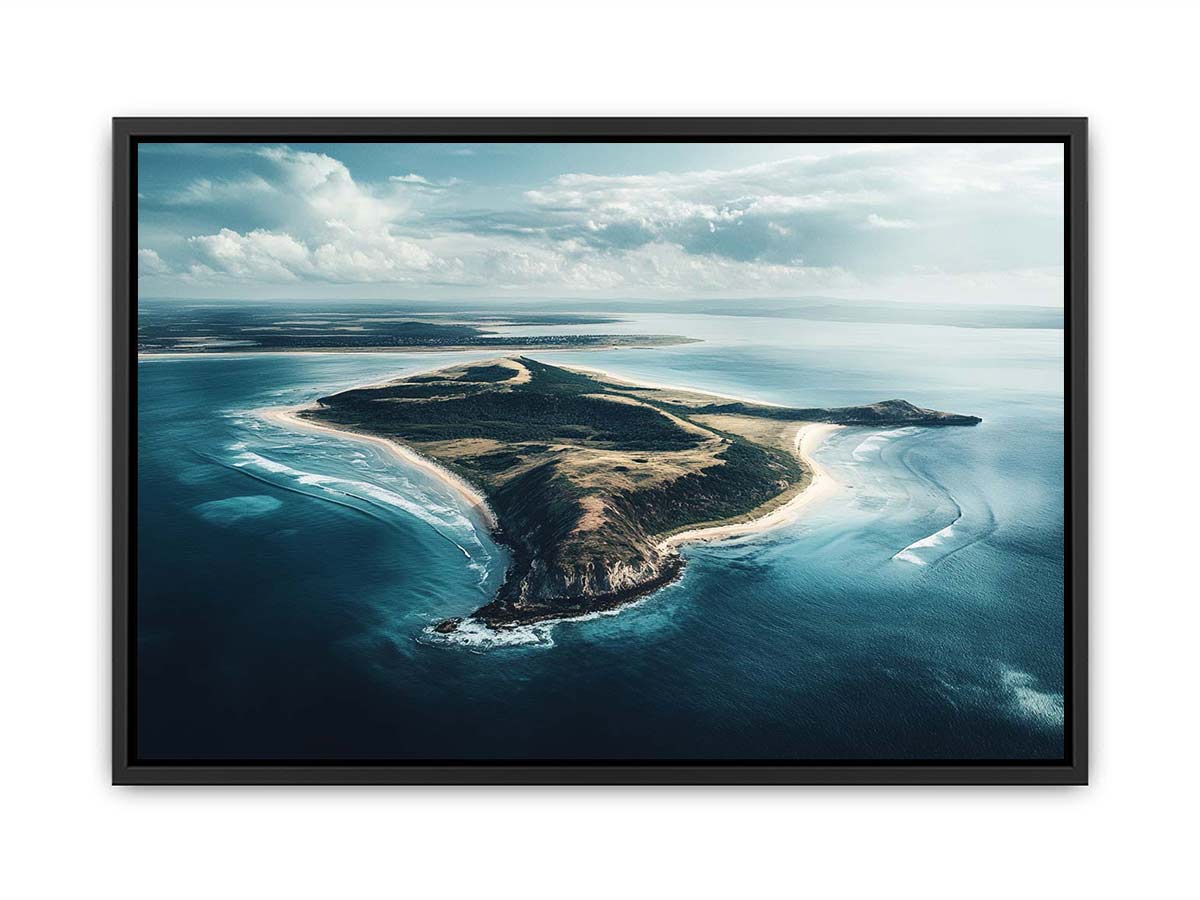 Aerial island coastline canvas art with turquoise ocean waters for luxury coastal living room decor.