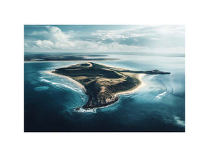 Aerial island coastline canvas art with turquoise ocean waters for luxury coastal living room decor.