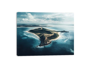 Aerial island coastline canvas art with turquoise ocean waters for luxury coastal living room decor.