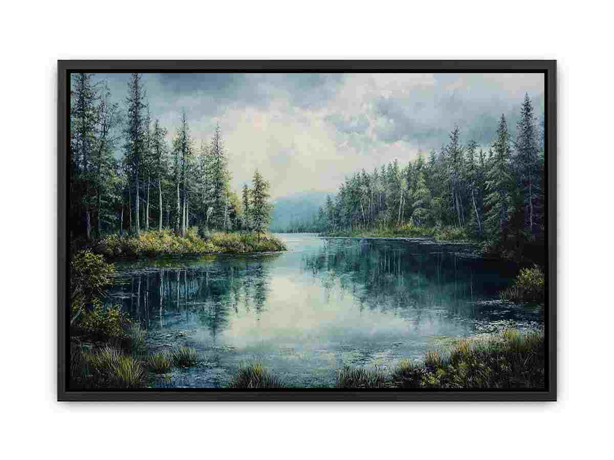 Peaceful forest lake canvas art with pine trees and reflections for serene living room and office decor.
