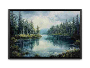 Peaceful forest lake canvas art with pine trees and reflections for serene living room and office decor.