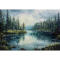 Peaceful forest lake canvas art with pine trees and reflections for serene living room and office decor.
