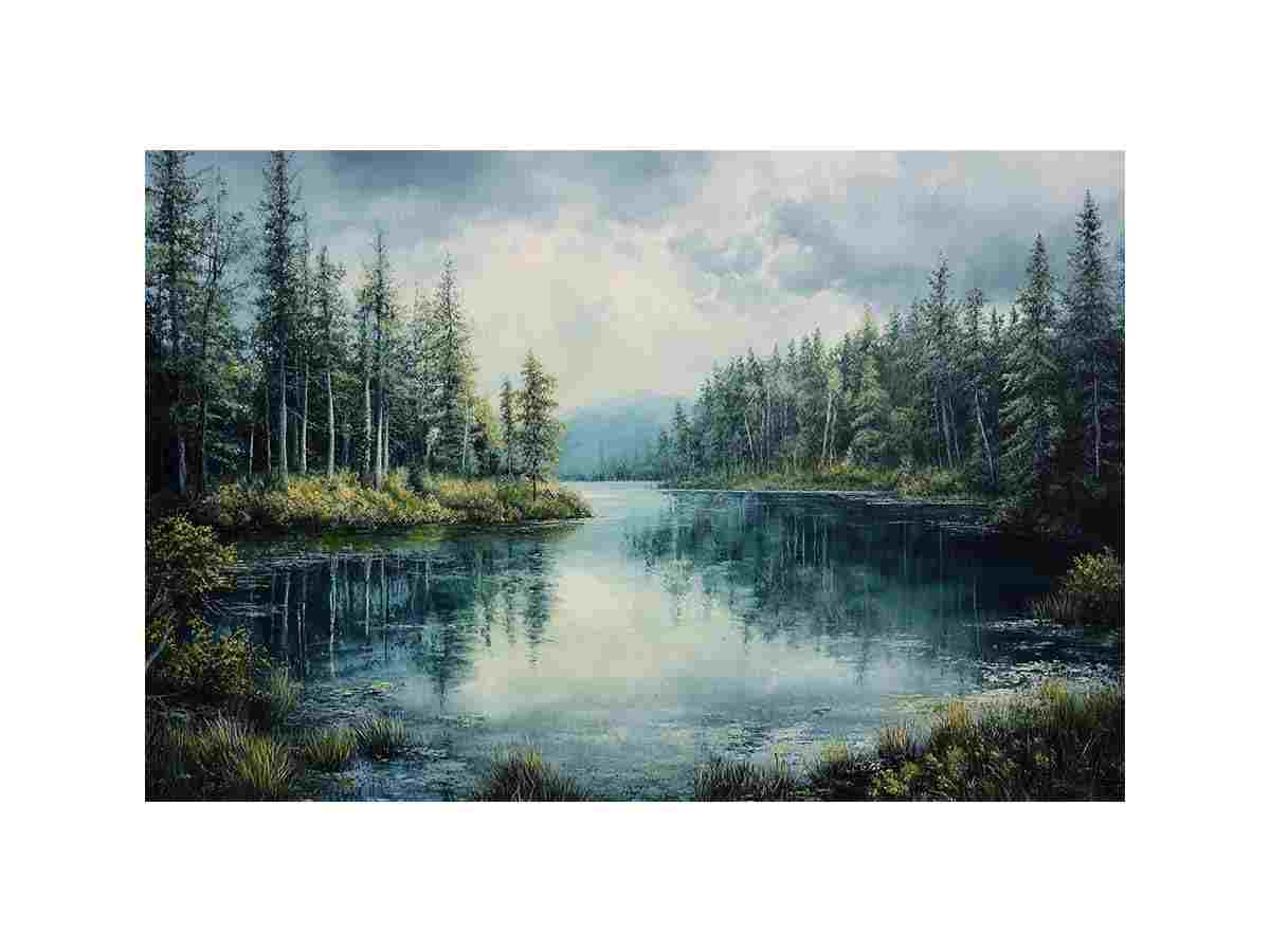 Peaceful forest lake canvas art with pine trees and reflections for serene living room and office decor.