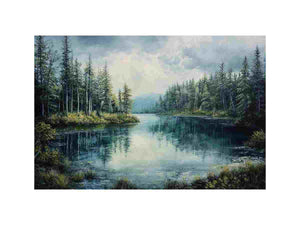 Peaceful forest lake canvas art with pine trees and reflections for serene living room and office decor.