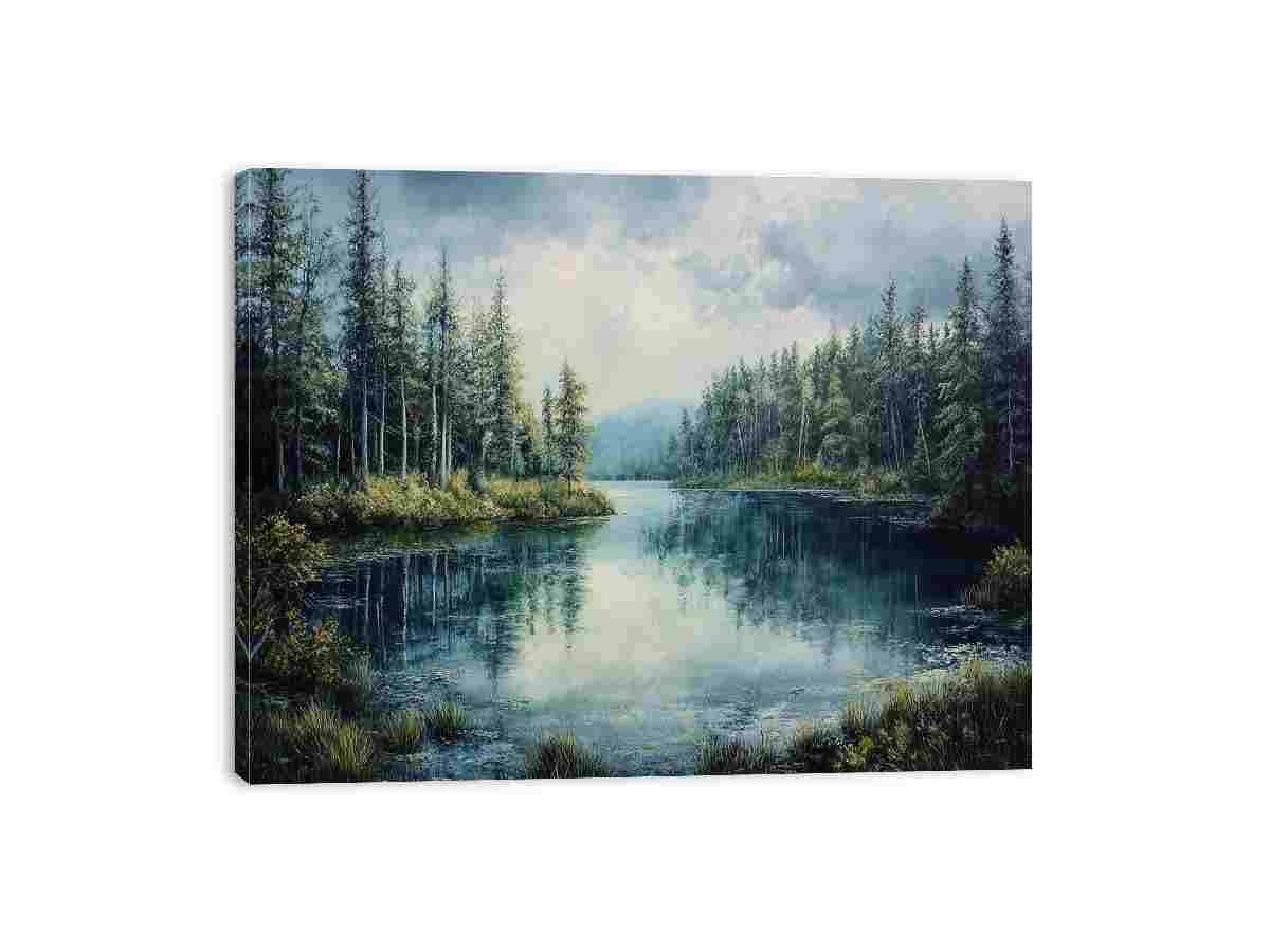 Peaceful forest lake canvas art with pine trees and reflections for serene living room and office decor.