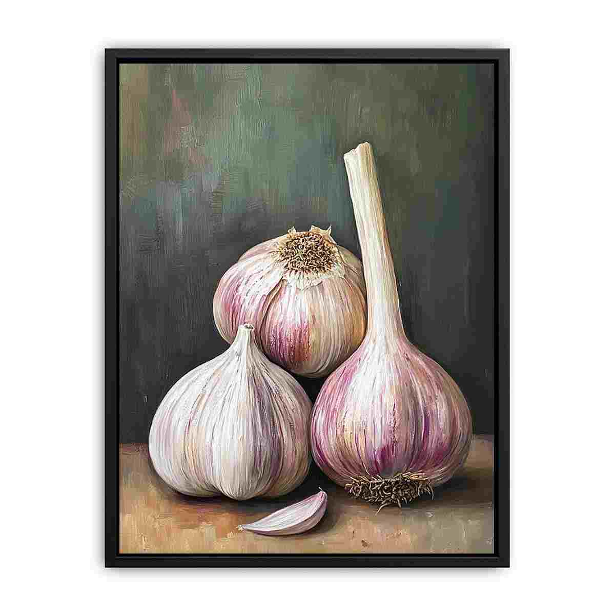 Garlic still life canvas art in rustic farmhouse style for kitchen and dining room wall decor.
