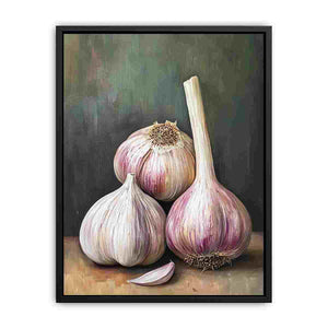Garlic still life canvas art in rustic farmhouse style for kitchen and dining room wall decor.