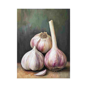 Garlic still life canvas art in rustic farmhouse style for kitchen and dining room wall decor.